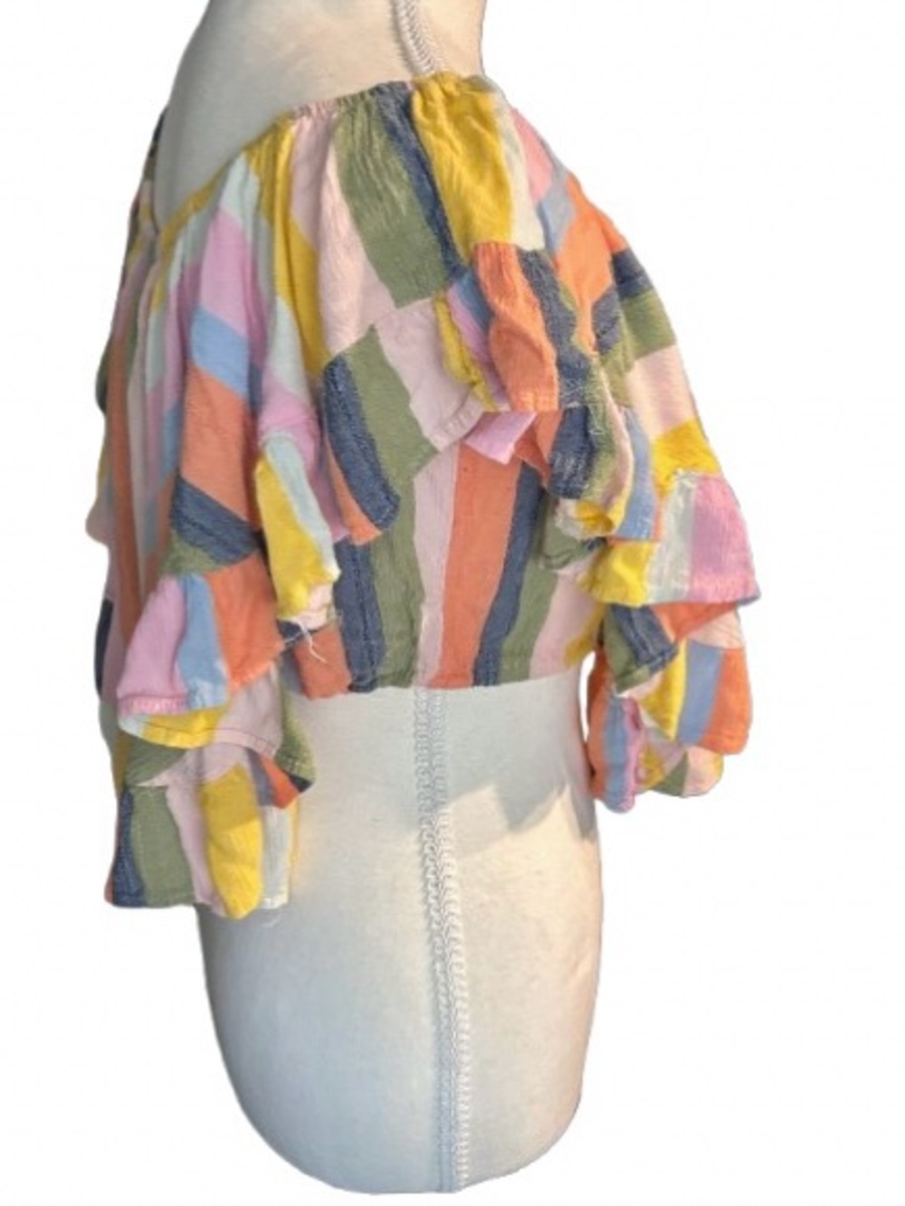 Crop Angie Pastel Rainbow StripeTop Shirt Large Boho Cropped Ruffle Beach Beachy - Picture 5 of 11
